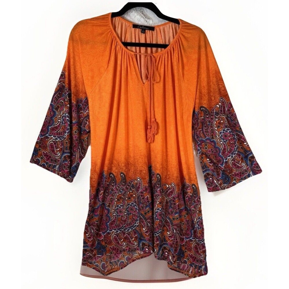 Calessa Blouse Size Large‎ Women's Orange Paisley Border Kimono Sleeve